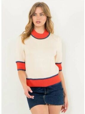 THML White Short-Sleeve Knit Sweater with Red & Navy Trim